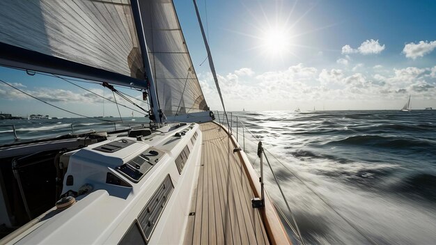 Ponte di una barca a vela o di uno yacht da corsa professionale durante la competizione in una giornata estiva soleggiata e ventosa