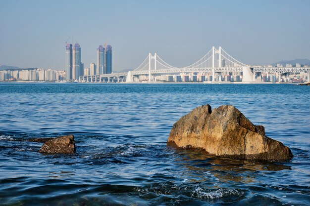 Ponte e grattacieli di Gwangan a Busan, Corea del Sud