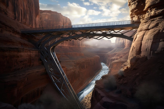 Ponte futuristico e concettuale che attraversa un profondo canyon creato con l'IA generativa