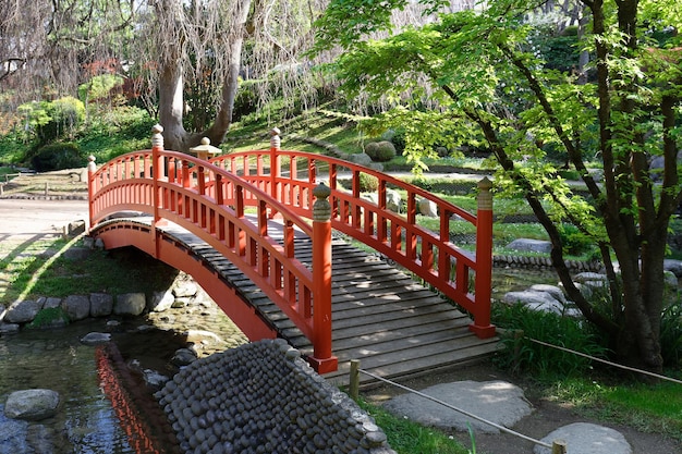 Ponte rosso in un giardino giapponese in estate Parigi