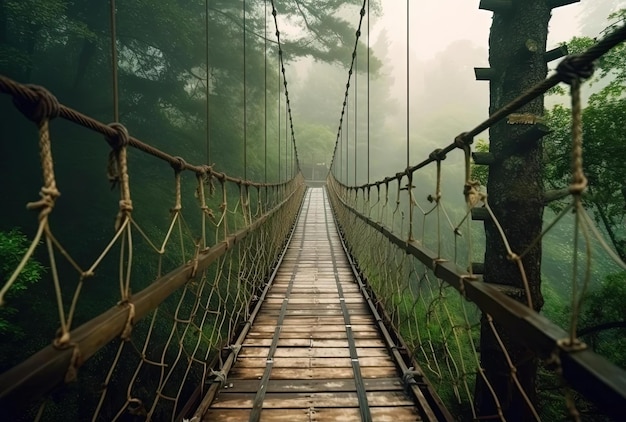 Ponte sospeso in legno nella foresta