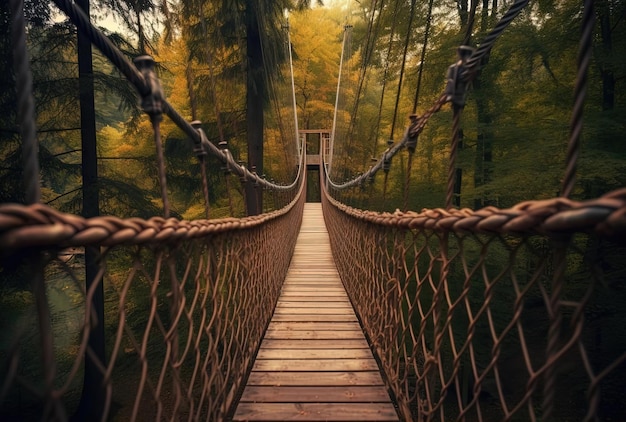 Ponte sospeso in legno nella foresta