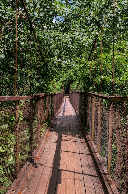 Ponte sospeso su un fiume di montagna nei Carpazi