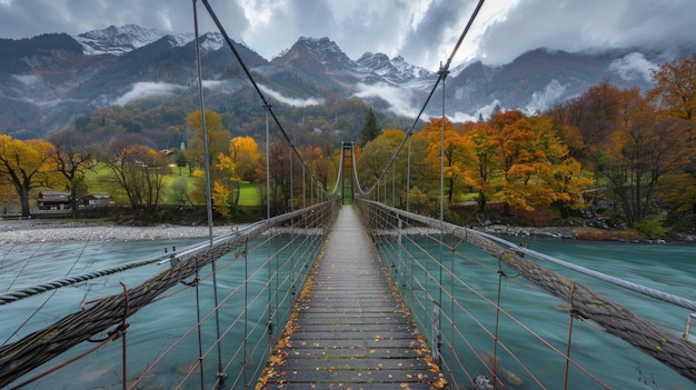 Ponte sospeso su un fiume in un paesaggio montuoso