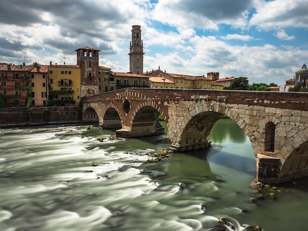 Ponte sul fiume contro un cielo nuvoloso