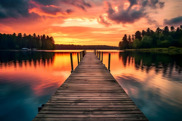 Pontile in legno su un lago al tramonto