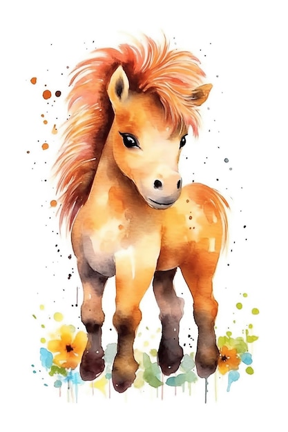 Pony acquerello clipart carino isolato su sfondo bianco con tecnologia generativa AI