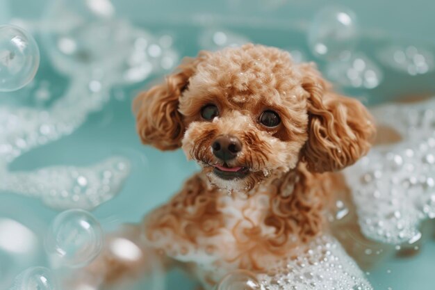 Poodle felice in bagno con schiuma e bolle