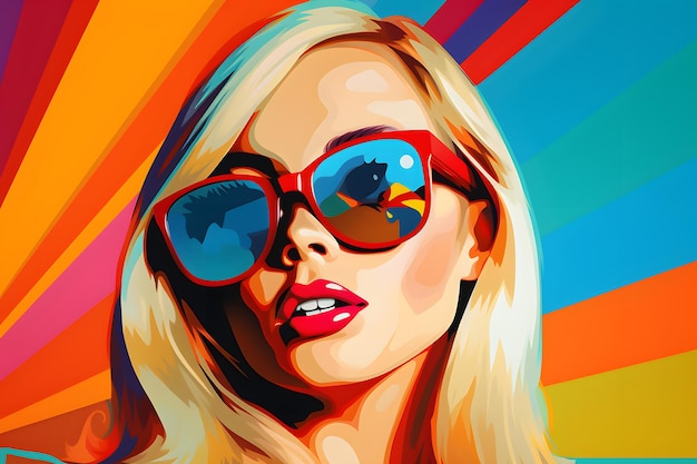 Pop art stile retrò bella giovane donna bionda che indossa occhiali da sole su sfondo colorato vibrante