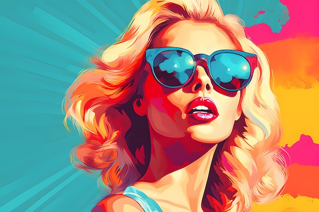 Pop art stile retrò bella giovane donna bionda che indossa occhiali da sole su sfondo colorato vibrante