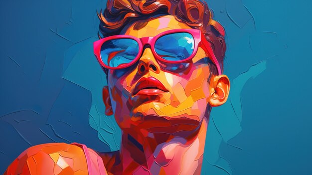 Pop collage illustrazione di un bellissimo modello maschile con occhiali da sole su scolorful