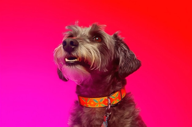 Pop ritratto di un cane con collare su uno sfondo viola e rosso