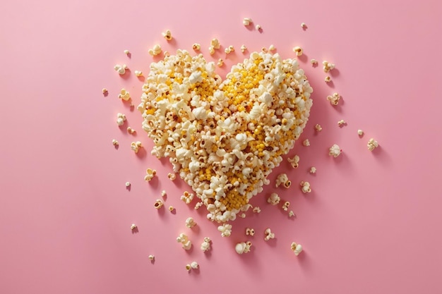 Popcorn a forma di piccolo cuore con mais su rosa isolato