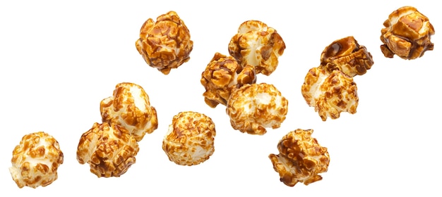 Popcorn al caramello che cade isolato su sfondo bianco white