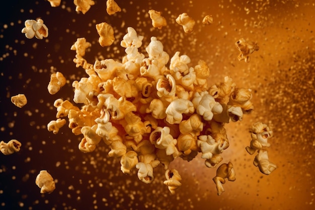 Popcorn al caramello volante su sfondo giallo scuro Concetto di fotografia alimentare