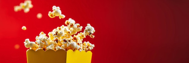 Popcorn brillantemente illuminati che scoppiano da una scatola gialla su uno sfondo rosso ricco per la serata cinematografica