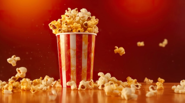 Popcorn da un secchio di cartone su sfondo rosso