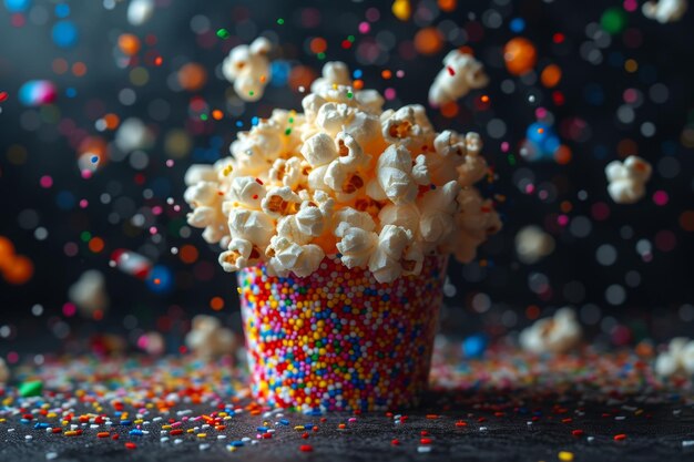 Popcorn esplosivo festivo in un bicchiere su uno sfondo nero