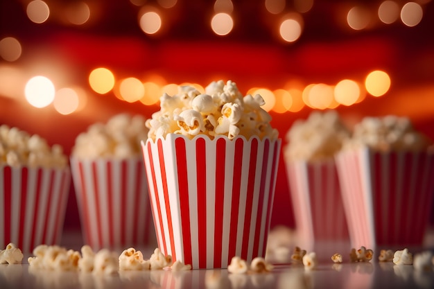 Popcorn in scatole a strisce con uno sfondo rosso