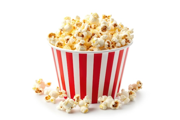 Popcorn in secchio a strisce rosse e bianche isolato su uno sfondo bianco