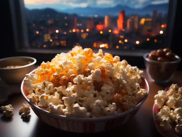 Popcorn in una ciotola sfocato sullo sfondo generato dall'AI