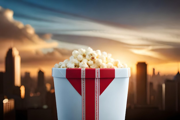 Popcorn in una scatola con una città sullo sfondo