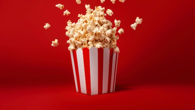 Popcorn in una scatola su uno sfondo rosso