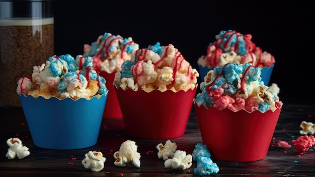 Popcorn rosso bianco e blu in un secchio