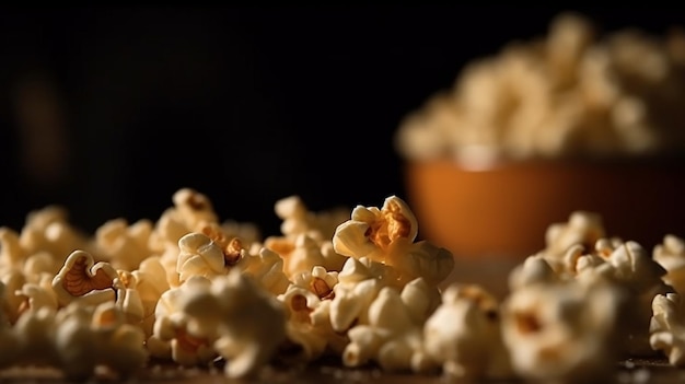 Popcorn su un tavolo con una ciotola di popcorn sullo sfondo