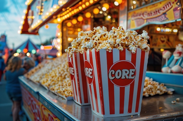 Popcorn un ambiente di fiera bollente incorporato una cabina di popcorn dove gli individui desiderosi potrebbero ottenere deliziosamente popcorn e spazio AI generativa