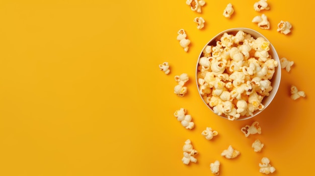 Popcorn visto dall'alto su sfondo giallo Disposizione piatta della ciotola di pop corn Vista dall'alto AI