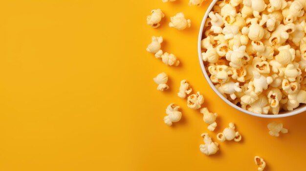 Popcorn visto dall'alto su sfondo giallo Disposizione piatta della ciotola di pop corn Vista dall'alto AI