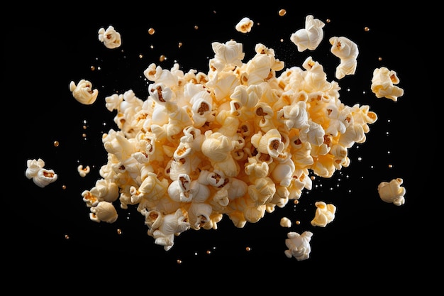 Popcorn volante isolato su sfondo nero