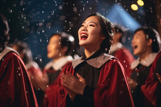 Popoli asiatici cantano davanti a una chiesa il giorno di Natale in inverno