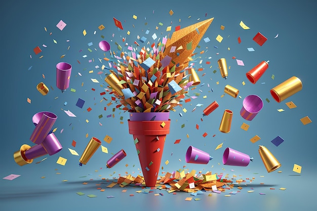 Poppers di festa 3D con confetti volanti per annunciare la promozione nel nuovo anno Firecracker esplode con nastro esplode per festa di compleanno a sorpresa con cone popper 3D icona vettoriale render illustrazione