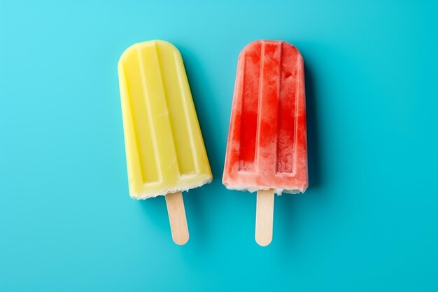 Popsicle alla fragola e popsicle al limone su sfondo blu generativo ai