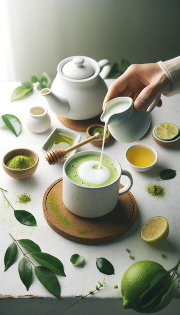 Porare il latte nel tè Matcha Serena cerimonia del tè mattutino