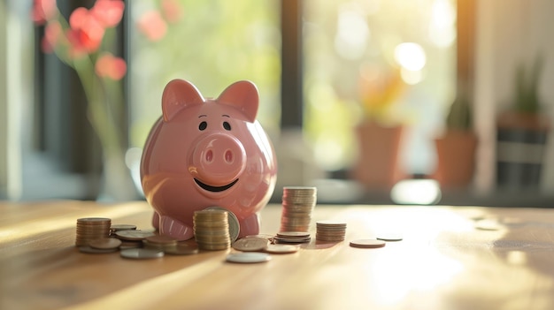 porcellino rosa sorridente e monete sul tavolo per risparmiare denaro ricchezza e concetti finanziari copiare spazio