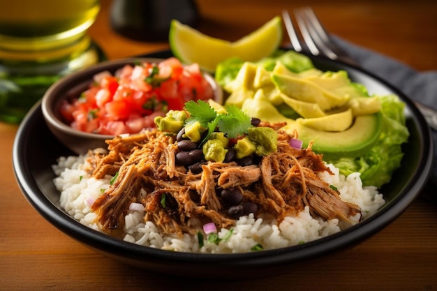 Pork Carnitas Burrito Bowl con riso e fagioli