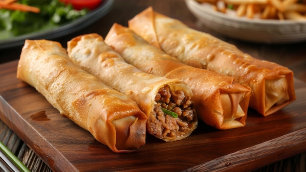 Pork Spring Rolls Questi rotoli croccanti e saporiti sono riempiti con una miscela di carne di maiale macinata