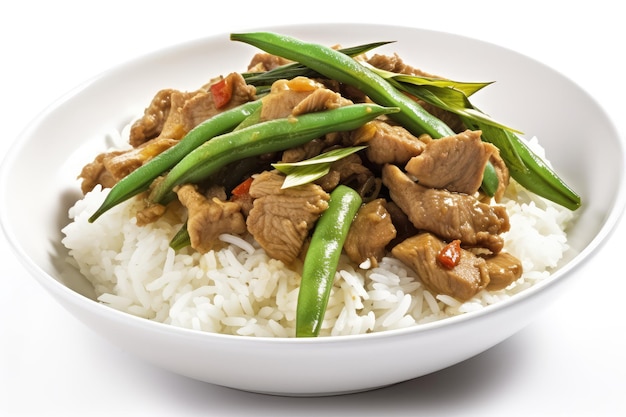 Pork Stir Fry con fagioli verdi riso tailandese e carne pranzo asiatico cena tradizionale asiatica di carne fritta illustrazione generativa AI