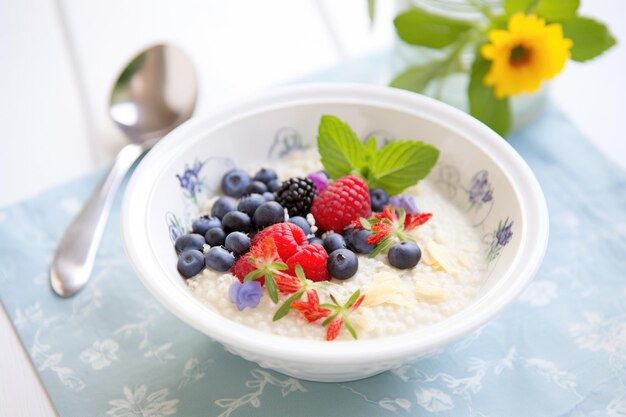 Porridge cremoso di vaniglia con bacche congelate e una guarnizione di foglie di menta