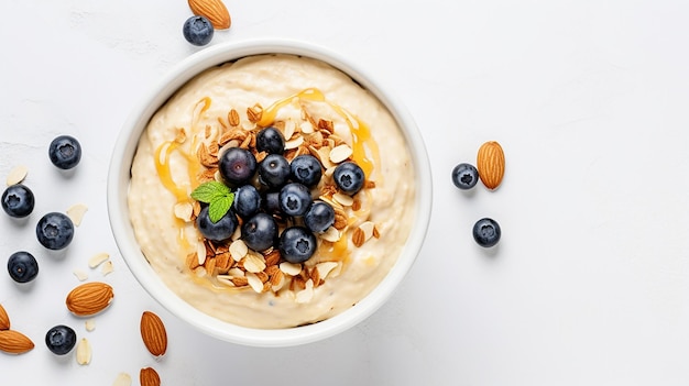 Porridge di avena al forno con yogurt in una ciotola su un tavolo bianco