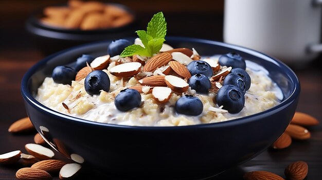 Porridge di farina d'avena con mirtilli mandorle in ciotola su sfondo di tavolo di legno