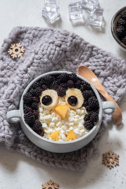 porridge per la colazione a forma di pinguino fatto di bacche