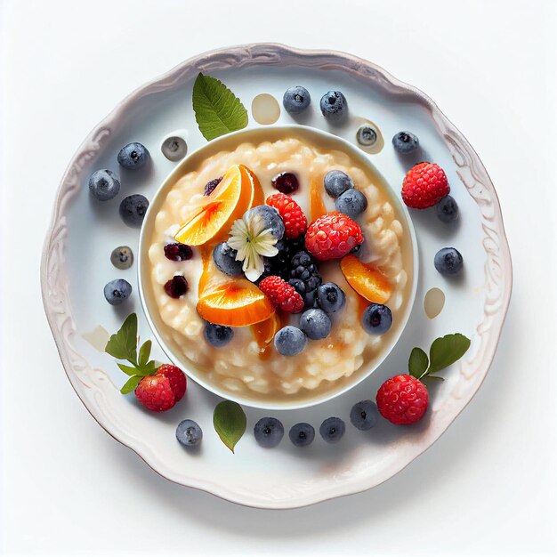 Porridge sano per la colazione con frutti di bosco su un piatto isolato su sfondo bianco IA generativa