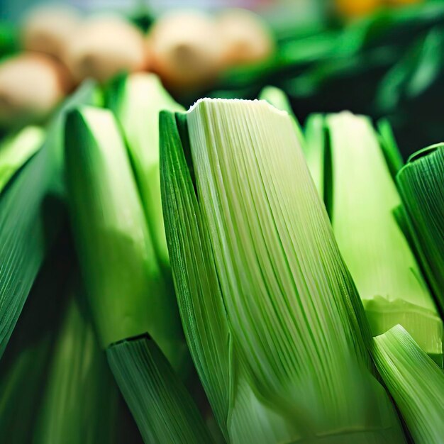 Porro verde sano e verdura fresca in drogheria