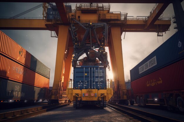 Port cargo terminal transport hub enormi gru industriali che caricano i container da una piattaforma ferroviaria di carico