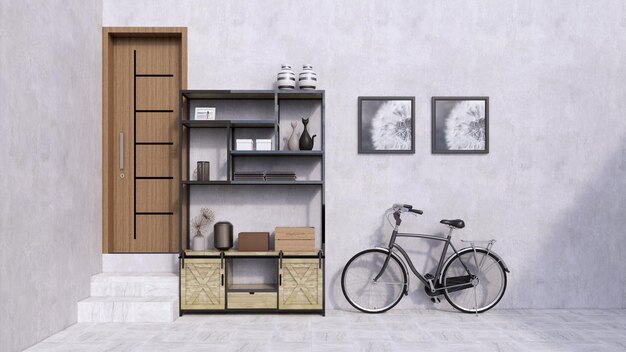 Porta accessori e bicicletta antica come decorazione in casa con muri di cemento grigio