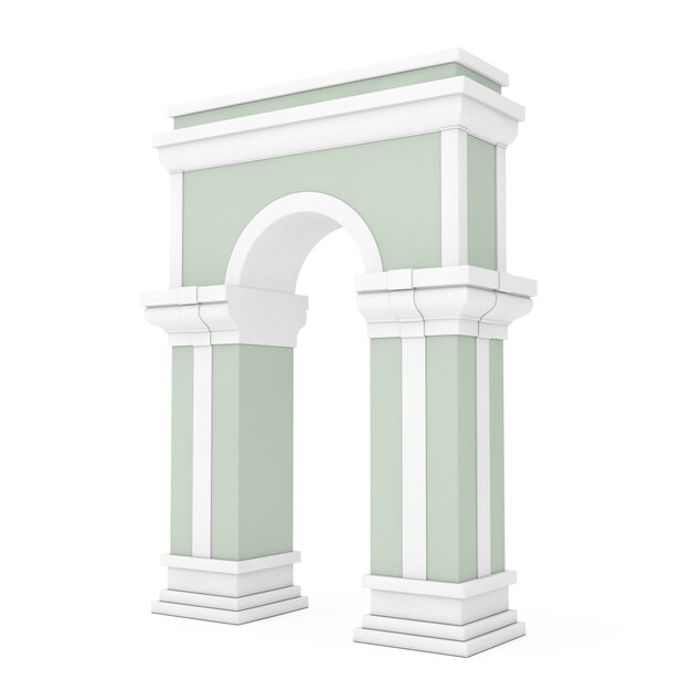 Porta ad arco classico con colonne su sfondo bianco. Rendering 3D